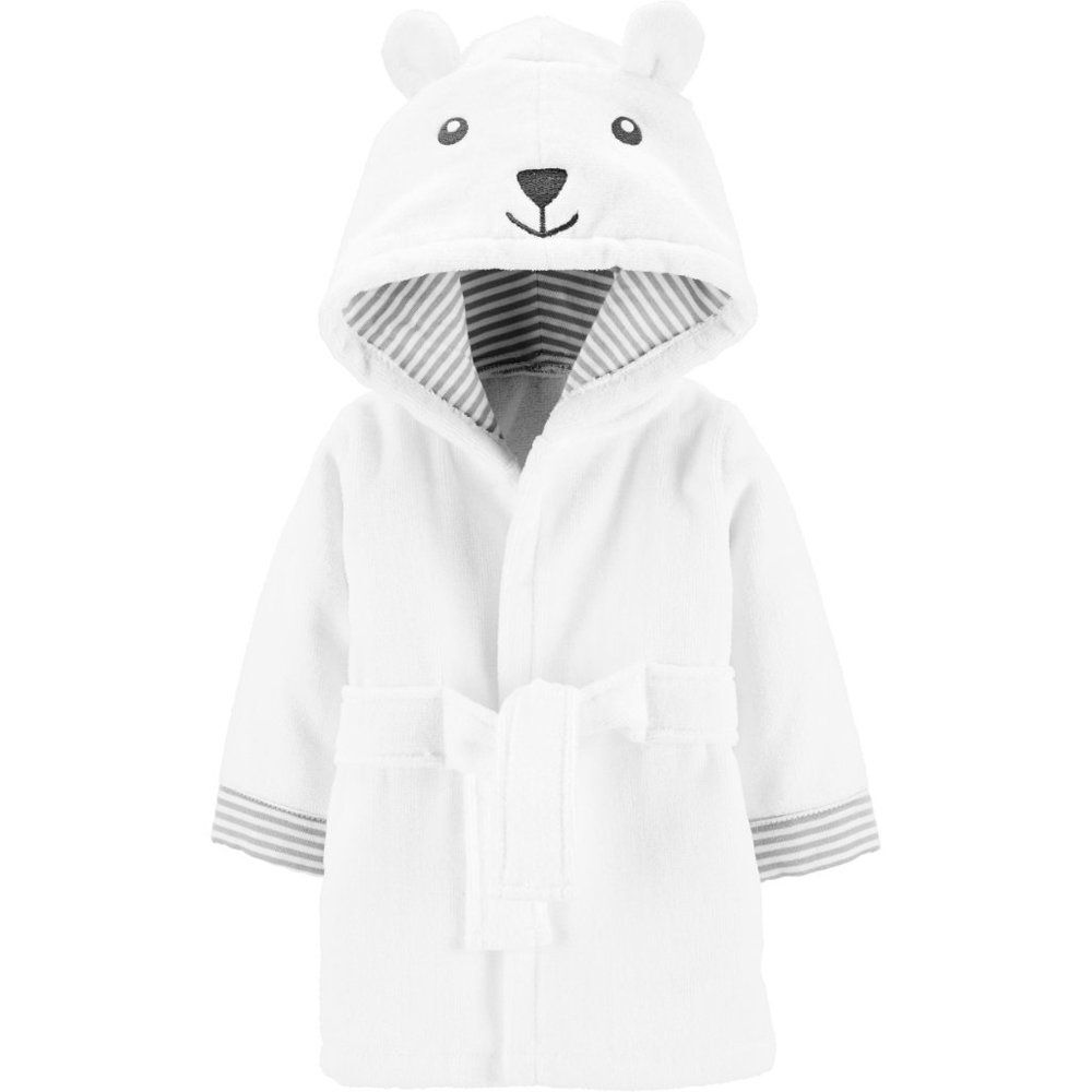 NEW Carter's Baby 0-9 Months Polar Bear White Hooded Terry Robe Tie Grey Striped